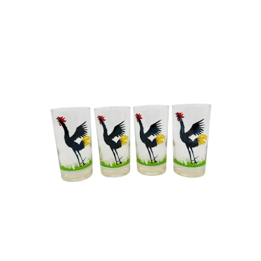 Federal Glass Rooster Glasses Cocktail Tom Collins 12oz Set of 4 Black Crowing